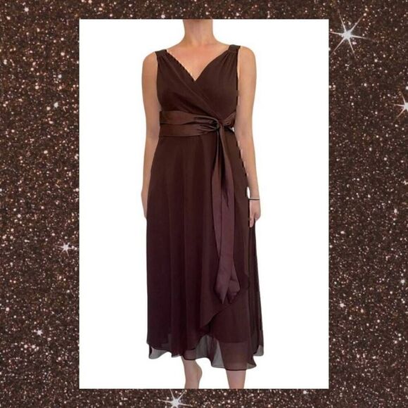Formal Brown Side Gathered Satin Sash Flowy Cocktail Midi Dress by Evan Picone - Picture 1 of 12